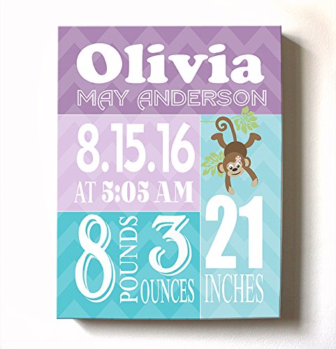 Personalized Stretched Canvas Birth Announcement Gift, Custom Baby Name, Date, Weight Stats, Newborn Nursery Monkey Wall Art Decor, Wooden Frame Construction, Ready to Hang 20X24