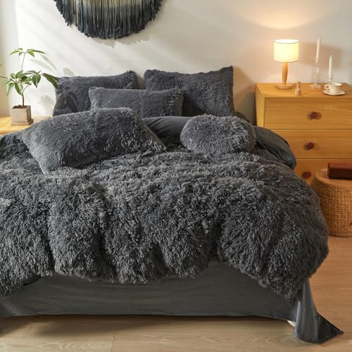 Faux Fur Fluffy Dark Grey Comforter Cover Twin Set – Plush Faux Fur Dark Grey Bedding 2-Piece Set (1 Furry Duvet Cover + 1 Shaggy Pillow Sham) Cozy Bed Set