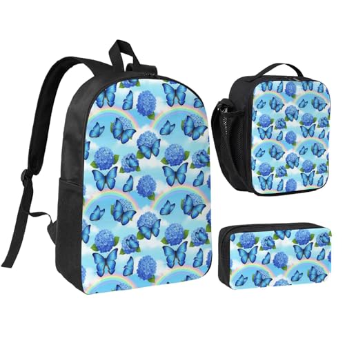 Backpack For Unisex With Lunch Box Pencil Case (for Blue Butterflies Rainbow)