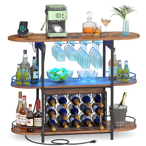 Image of VASAGLE Bar Cabinet with LED Lights and Power Outlets, Freestanding Coffee Bar Wine Cabinet, Wine Rack, Glass Holder, Mini Bar for Liquor and Glasses, Kitchen, Dining Room, Rustic Brown ULWR007K01S