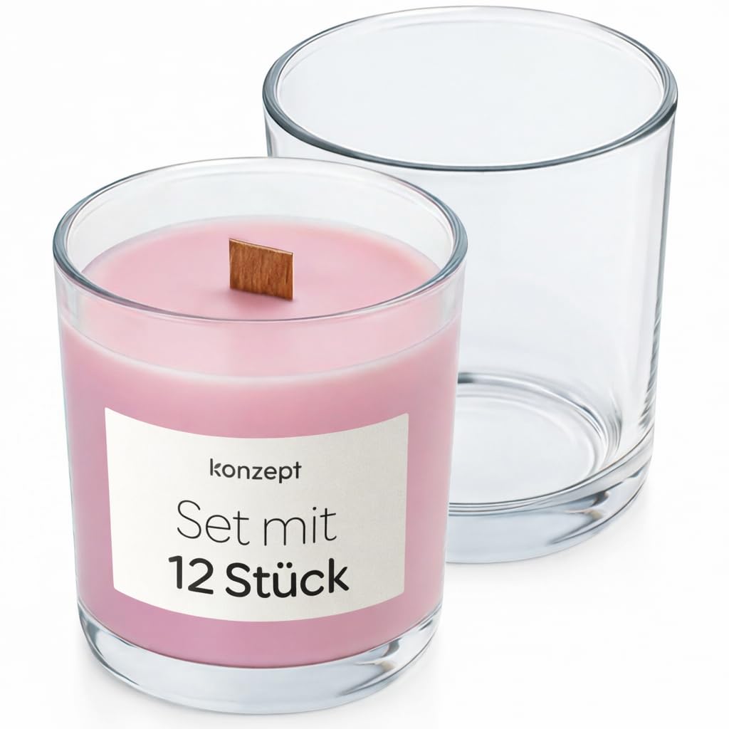 KONZEPT Vasos de vela de 180 ml, 8 x 7 cm, juego de 12 tarros pequeños para velas, portavelas de cristal, ideales para velas de té, decoración y velas de bricolaje