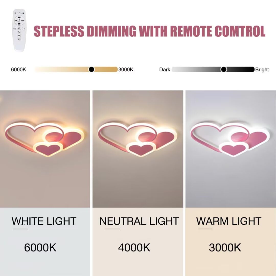 Plafoniera 3D Led Cuori creativi Lampada da soffitto dimmerabile continua Illuminazione per Ragazzi Ragazze Camera da letto Scuola materna con telecomando, 44W