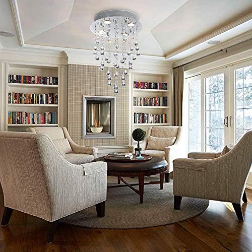 Bestier Modern Crystal Round Raindrop Chandelier Lighting Flush Mount LED Ceiling Light Fixture Pendant Lamp for Dining Room Bathroom Bedroom Livingroom 4 GU10 Bulbs Required 14 in Wide 20 inch High