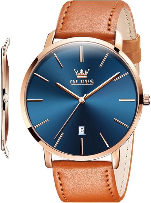Image of OLEVS Mens Watches Minimalist Ultra Thin Fashion Casual Analog Quartz Date Watch Waterproof Slim Simple Big Face Dress Wrist Watch with Retro Leather Band for Men