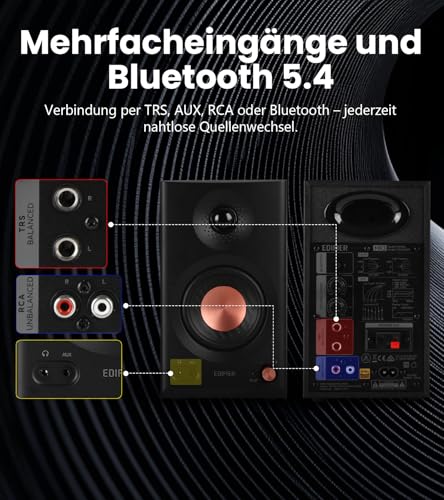 Edifier MR3 Kompakter Studio-Lautsprecher 2.0, Hi-Res Audio, Bluetooth V5.4, physische Steuerungen, RCA, AUX, Mobile App, 2 x 18 W, Schwarz