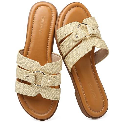 todaysunny Womens Flat Sandals Dressy Comfortable Open Toe Slip On Slide Sandals For Summer Beach Sandalias de Mujer