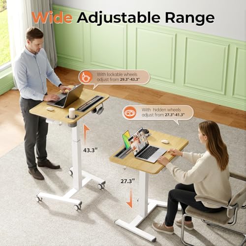 Image of Mobile Standing Desk with Drawer, 28 inch Rolling Desk with Cup Holder and Hooks, Portable Laptop Workstation on Wheels, Height Adjustable Cart with Storage for Home Office, Maple