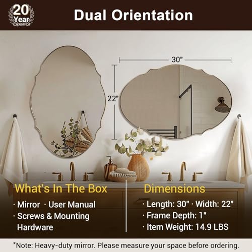 Image of ANDY STAR 22x30 Brushed Gold Scalloped Oval Bathroom Vanity Mirror