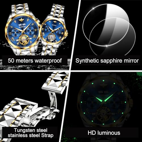 Image of OLEVS Couple Pair Watches Set Automatic Mechanical Self Winding Dress Matching Watch for His and Hers Valentines Day Gifts