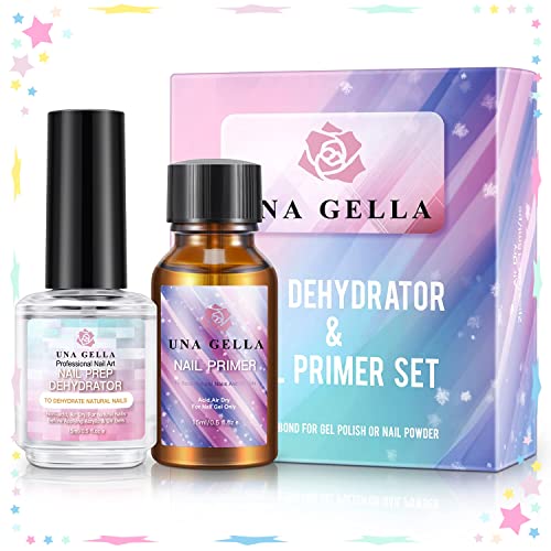 UNA GELLA Nail Primer and Dehydrate Set Professional Fast Air-dry Acid-Free Primer Prep Dehydrate Set, Nail Protein Bond Superior Bonding Primer for Acrylic Powder Gel Nail Polish