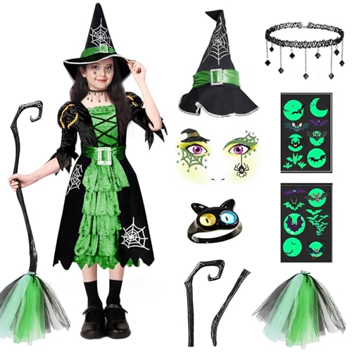 BITOYO Costume da Bambine, 7 pezzi Costume da Strega per Bambini, Vestito da Strega Halloween con Cappello Collana e scopa da Accessori per Bambine festa Carnevale Halloween Cosplay (Verde, M)
