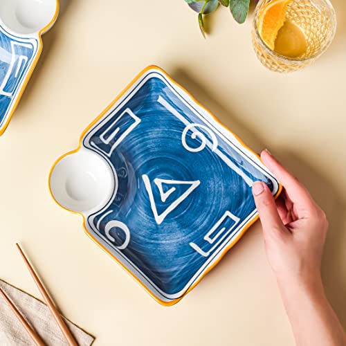 Image of Nestasia Set of 2 Ceramic Chip and Dip Snack Plate with Dip Section | Microwave & Dishwasher Safe Starter Plates | Perfect for Fries, Momos, Sushi, Kebab (White & Blue)