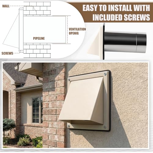 Image of Gisafai 6 inch Dryer Vent Cover Outside with Stainless Steel Mesh Wall Dryer Exhaust Cap and Removable Extended Pipe Vent Shroud Hood Cushioned Non Return Flap with Sealing Gasket Grille(Tan)