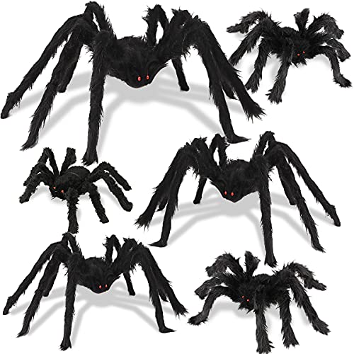 Halloween Spider Decorations, 6 Pack Giant Spider Outdoor Decorations for Halloween, Scary Hairy Realistic Creepy Large Spider Decorations Sets for Indoor, Home, Party, Yard (Black)