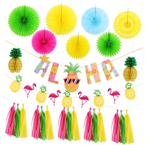 Décoration Fête Hawaïenne Flamant Anniversaire Tropical avec Pompons Papier
