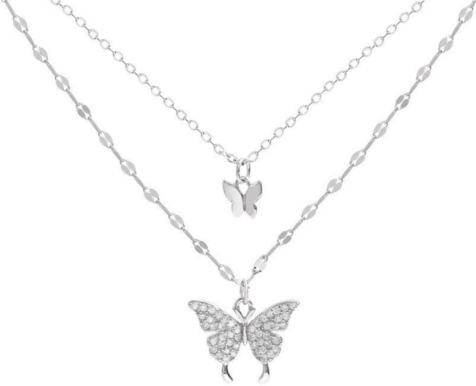 Silver Butterfly Necklace for Women Double Layer Clavicle Chain Shiny CZ Necklace Dainty Gifts Party Jewelry Gift