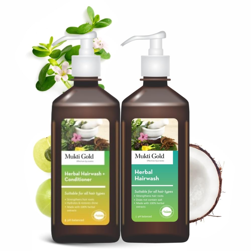 Axiom Mukti Gold Hair Combo Pack | Herbal Hairwash & Hairwash + Conditioner | 400mL Each| Helpful for Hairfall | For Both Men and Women | Infused with 15 Herbs | Sulphate and Paraben Free