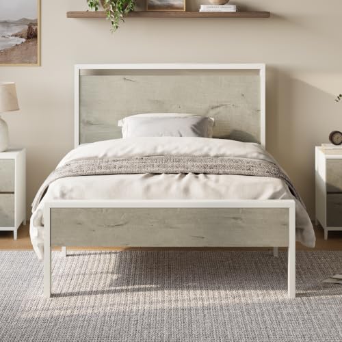 Image of Allewie Twin Size Bed Frame, Heavy Duty 12 Metal Slats Support, White | Wooden Headboard and Footboard, Modern Platform Bed, No Box Spring Needed, Under-Bed Storage, Noise Free, Easy Assembly