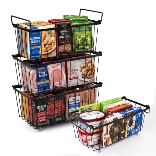Freezer Baskets for Chest Freezers 4 Pack Stackable Metal Freezer Storage Organiser Bins with Handles for 198L Deep Freezer Wire Basket Design for Better Air Circulation and Quick Access