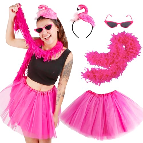Disfraz Flamenco Carnaval para Mujer, Falda de Tul Rosa Disfraz Carnaval con tutú de tul Falda de tul Diadema Flamenco boa de Plumas Gafas sol para Vestido Fiesta Temática Accesorios para San Valentín