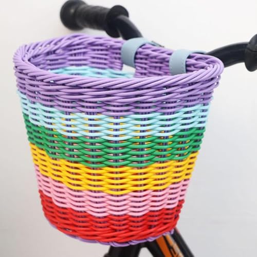 Huiyiwert Kinderfahrradkorb Geflochten Fahrradkörbchen mit Verstellbar Riemen Rollerkorb Kinder Laufrad Lenkerkorb Kinderfahrrad Zubehör Geschenk für Kinder Mädchen Jungen Schule (Bunt)
