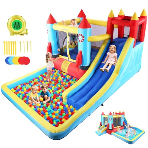 Inflatable Bounce House for Kids 146 x 132 x 82 inch, Indoor/Outdoor Bouncy House with Large Splashing Pool, Bouncing Area, 2 Water Slides,Climbing Wall, UL Certified Blower Included1