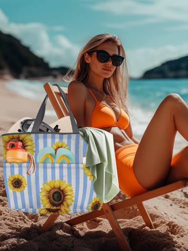 Beach Bags Women Mesh Tote Bag Rustic Pastoral Sunflower Toy Grocery Pool Bag with Pockets for Travel/Picnic/Shower4