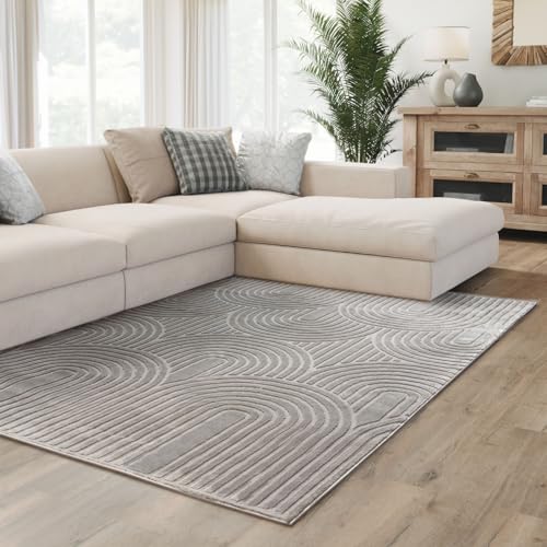 Interiyou Tapis Salon à Poils Courts Cannes - 160x230 Gris - Motif bohème scandinave avec Effet 3D - Plat et géométrique - Poil Ras pour Chambre, Couloir,...