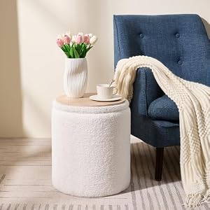 Round Boucle Upholstered Ottoman with Storage Set of 2 Vanity Stool Foot Rest with Removable Lid White Tall Ottomans Chair for Living Room Pouf Footstool,Gifts Round Boucle Upholstered Ottoman with Storage Set of 2 Vanity Stool Foot Rest with Removable Lid White Tall Ottomans Chair for Living Room Pouf FootstoolGifts