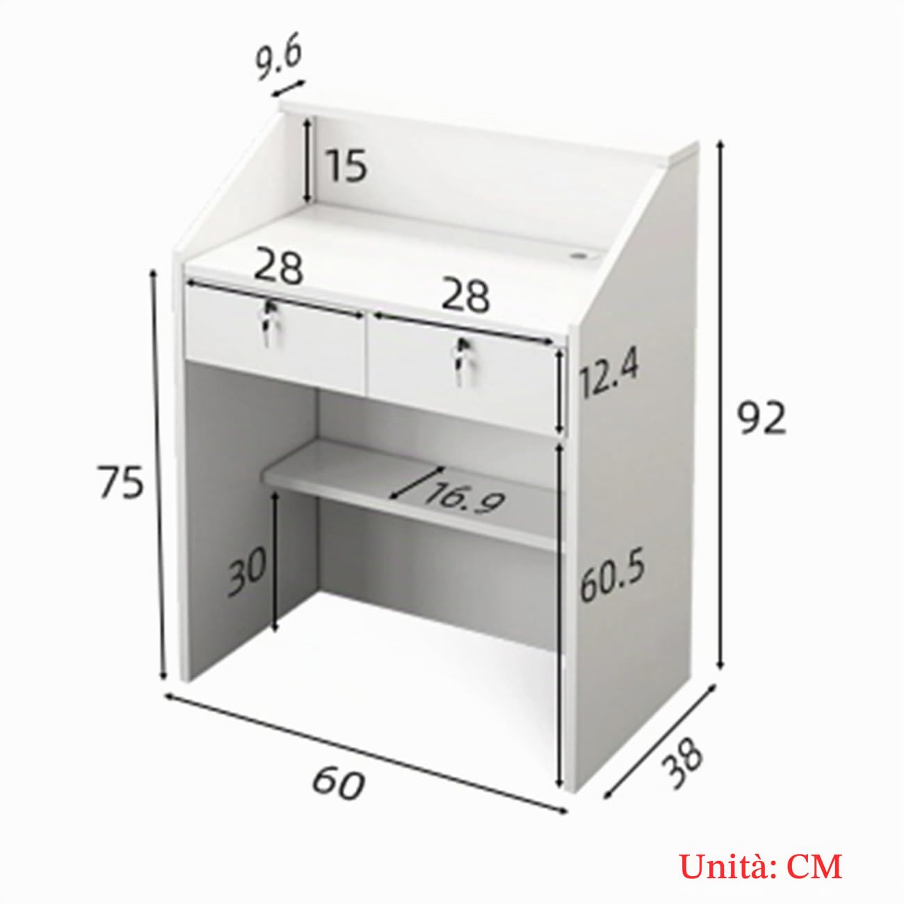 Banco reception, tavolo bancone per ufficio con 2 cassetti, Bancone Cassa per Negozio, tavolo da reception, Sale Aziendali, Hotel, Centro Estetico, bianco, MDF, 60 x 38 x 92 cm
