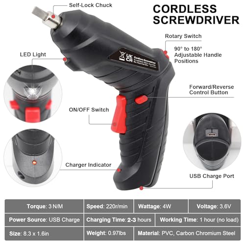 Image of MYMULIKE Cordless Electric Screwdriver, 3.6V Rechargeable Power Screwdriver with 47pcs Accessories, usb Charging, 3Nm Screw Gun, Mini Screwdriver set with LED Light Electric Power Drill Set