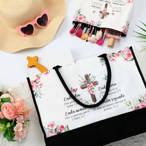 Aliceset 2 Pcs Christian Gifts for Women Spanish Canvas Tote Gifts Religious Bible Verse Tote Bag with Makeup Bag3