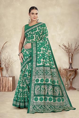 Tamaira Fashion Women's Floral Batik Printed Pure Cotton Mulmul Saree Without Blouse Piece(11588_Seagreen)