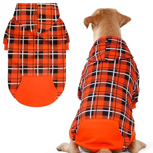 EXPAWLORER Plaid Dog Hoodie - British Style Warm Dog Sweater Shirt with Leash Hole,Pitbull Clothes Outfits,Winter Coat Apparel for All Breeds Puppy Girl Boy-Cat Apparel,Orange XX-Large