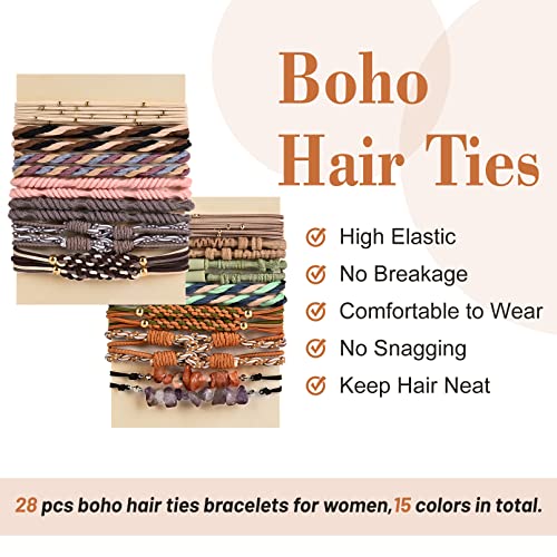 28 Pcs Boho Hair Ties Bracelet For Women Girls, Elastic Twist Braided Hair Bands Ponytail Holder For Thick Hair No Damage Hair Ties For Curly Thin Hair Mixed Color #TOP2