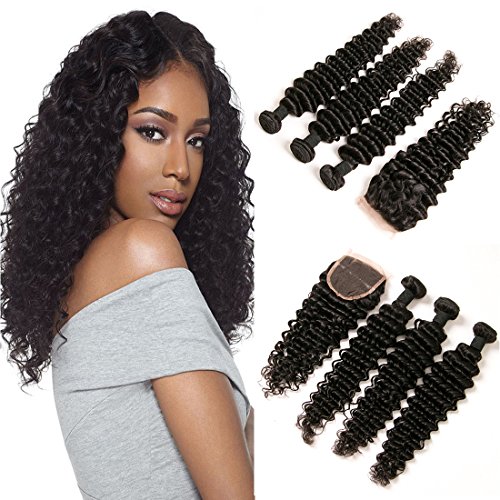 DAIMER 10A Grade Peruvian Deep Wave 3 Bundles with Closure 12 14 16+10 Inch Unprocessed Remy Human hair Extensions with 4×4 Free Part Full Lace Closure