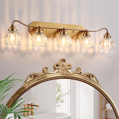 Image of Vintage Bathroom Light Fixtures, 5 Light Gold Bathroom Vanity Light, Matte Antique Brass Finish with Crystal Glass Shade, Wall Sconces Lighting for Bedroom, Living Room, Hallway