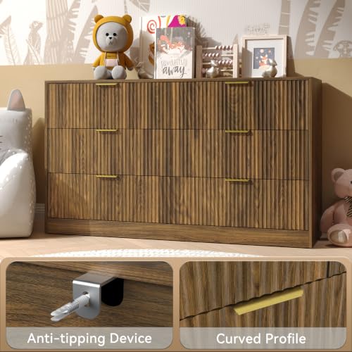 Image of Walnut Dresser for Bedroom, 6 Drawer Dresser with Smooth-Gliding Drawers