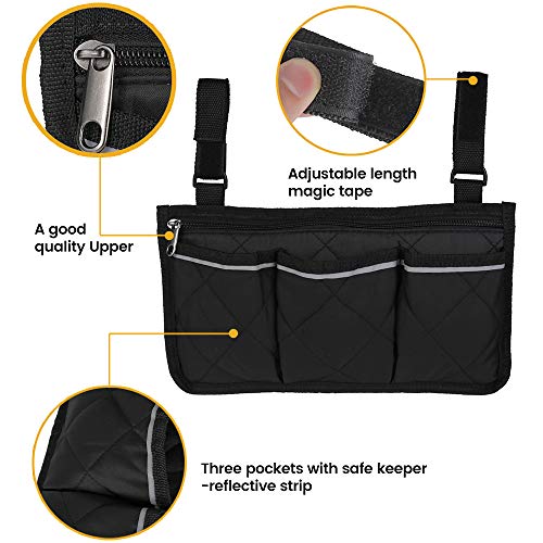 Odomy Wheelchair Side Bag Armrest Accessories Storage Bag With Pouches Hang On Side With Bright Line Waterproof Organizer For Wheelchair Walker Pouches Walkers Electric Scooters Mobile Chairs (Black) #TOP2