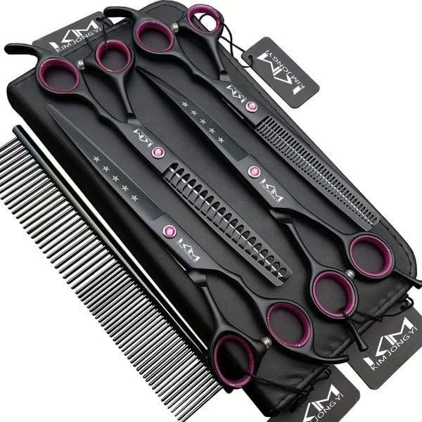 Professional Dog Grooming Scissors Set, 7-Piece, Purple, with Storage Case