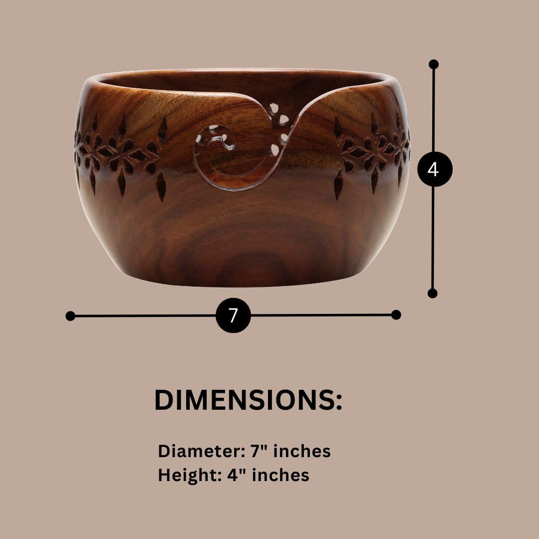 Wooden Large Yarn Bowl (7x4) – Yarn Holder for Crocheting & Knitting – Crochet Bowl with Carved Holes – Yarn Ball Storage Gift for Women