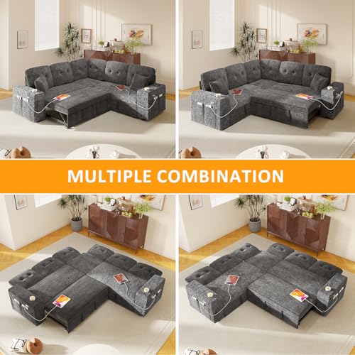 Image of Modular Sectional Sleeper Sofa with Pull Out Bed, 84 Inch L Shaped 5 Seat Couches for Living Room, Chenille Fabric Cloud Couch Bed with Storage & Reclining Backrest, USB Charging, Grey