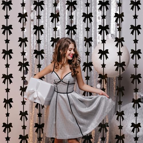 Image of Menstarsi Bow Foil Fringe Curtains, Black Bow Birthday Backdrop, 2 Pack | Bow Party Decorations Black Birthday Party Supplies Photo Booth Props Streamers for Bachelorette Girl Baby Shower Party Decor