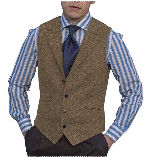 Mens Vintage Dress Suit Vest Tweed Slim Fit Waistcoat for Wedding Groomsmen