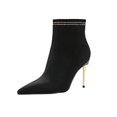 Husmeu Womens Leather Boots Fashion Dressy High Heel Pointed Toe Ankle Booties with Rivet Side Zipper Stiletto Boot