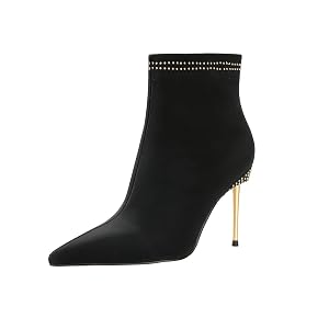 Husmeu Womens Leather Boots Fashion Dressy High Heel Pointed Toe Ankle Booties with Rivet Side Zipper Stiletto Boot