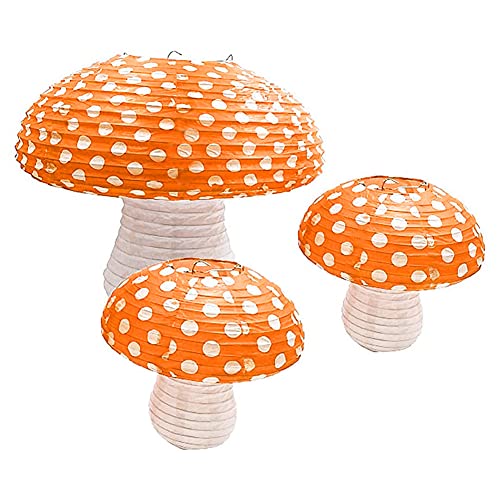 Lotus Mann 3Pcs Orange Large Mushroom Lanterns for Cottagecore Birthday Decorations Forest Jungle Wonderland Themed Baby Shower Hanging 3D Mushroom Ornament Backdrop Nursery Garden Wedding Décor