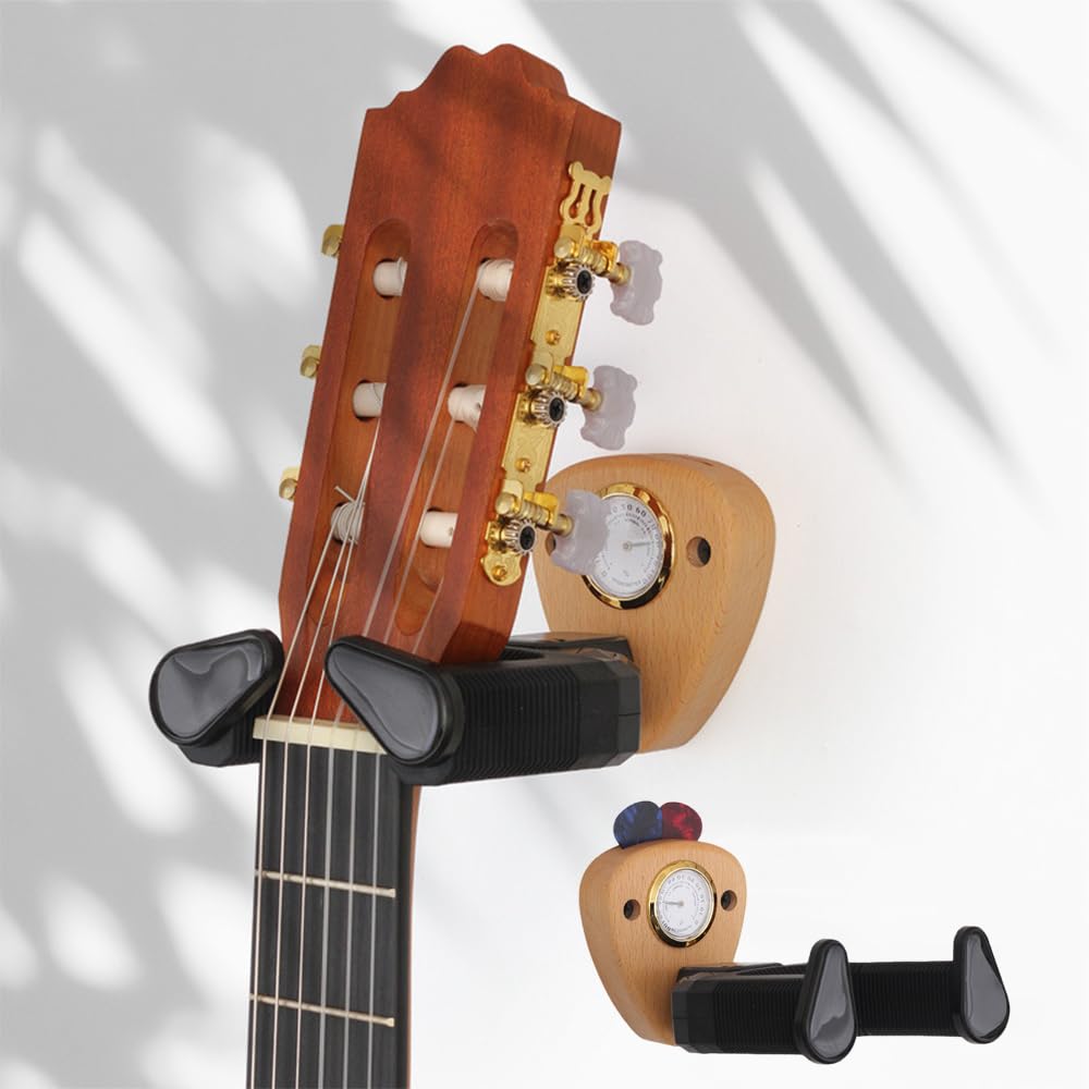 Guitar Hanger Wall Mount Premium Wooden with Hygrometer-Securely Hang and Display Your Guitar, Bass, or Ukulele-Rotatable and Non-slip-Perfect for Living Room,Bedroom, Music Studio,and More (1 pack)