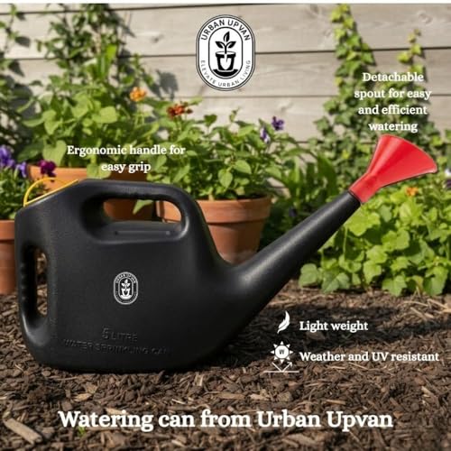 Image of Urban Upvan Watering Can 5L (Black) with 500g Vermicompost | Plastic Garden Water Can with Sprinkler Spout | Lightweight, Durable, Ergonomic Handle | Indoor Outdoor Plant Care