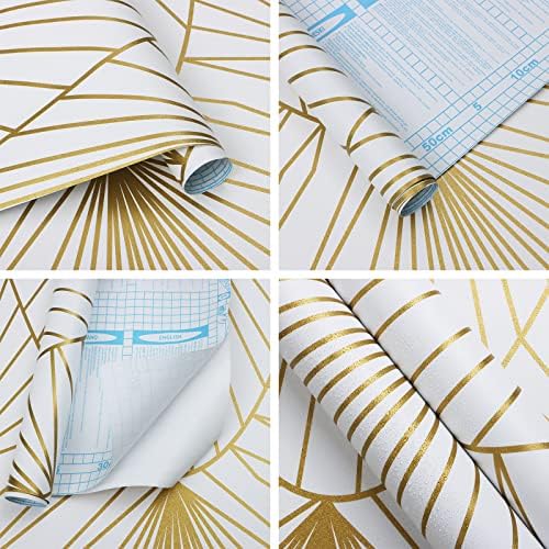 Timeet Self Adhesive Wallpaper Gold Arched Geometric White Sticky Back Plastic Roll Modern Lines Pattern Peel and Stick Wallpaper 44cm X 3m Removable Waterproof Vinyl Film for Bedroom Wall Furniture